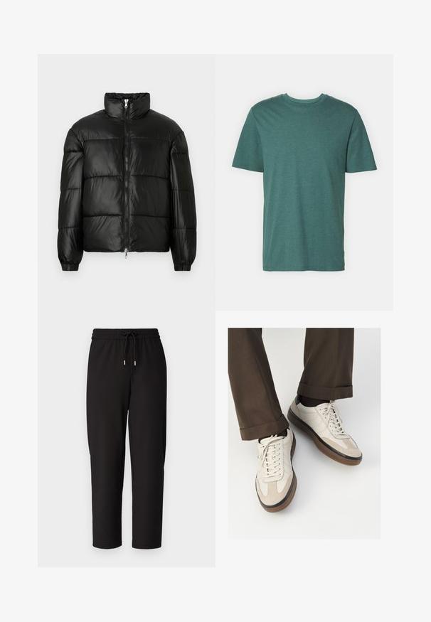 Black puffer jacket with a high collar, zip front closure, quilted design, elastic cuffs, and shiny, smooth fabric finish.; Short-sleeve, crew-neck t-shirt in dark teal. Made of soft, textured fabric with a smooth finish. No patterns or additional details.; Only & Sons ONSSINUS PANT - Trousers - black; Beige sneakers with a textured suede front, smooth leather sides, and a brown rubber sole. Laces and light stitching detail included.