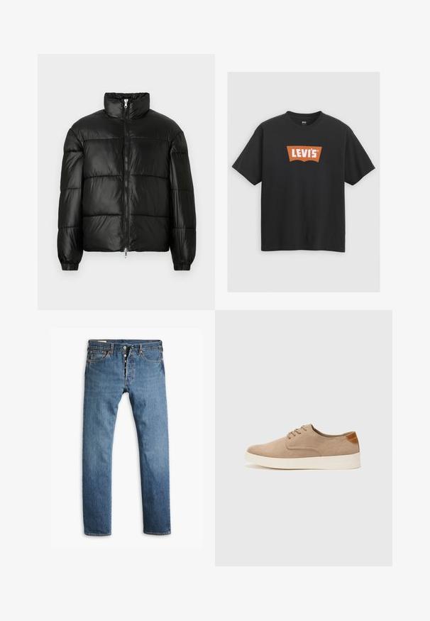 Giacca a vento nera con colletto alto, chiusura frontale con zip, design trapuntato, polsini elasticizzati e finitura in tessuto lucido e liscio.; T-shirt in cotone nero con un grande logo arancione di Levi's sulla parte anteriore, maniche corte e design a girocollo.; Jeans in denim blu con un taglio dritto, dotati di una chiusura con bottoni, cinque tasche e una leggera texture sbiadita su tutta la superficie.; Sneaker in suede beige con punta arrotondata, stringhe davanti e un accento testurizzato sul retro. La suola in gomma bianca offre un contrasto. Design semplice e moderno.