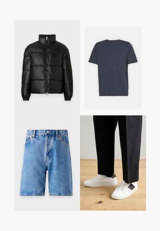 Črna pufasta jakna z visokim ovratnikom, z zadrgo spredaj, prešito zasnovo, elastičnimi manšetami in sijočim, gladkim zaključkom tkanine.; T-maica s kratkimi rokavi v mornarsko modri barvi z okroglo izrezom, izdelana iz mehkega bombažnega materiala. Ima redno prileganje in ni vidnih vzorcev ali okrasnih elementov.; Denim kratke hlače v svetlo modri barvi z bledim pranjem. Imajo klasičen dizajn s petimi žepi, gumbno zapiranje in bronaste zakovice.; Beli športni copati z gladko teksturo, okrašeni z rjavimi usnjenimi detajli in črnimi poudarki, v kombinaciji s črnimi krojenimi hlačami. Ozadje iz lesenih tal.