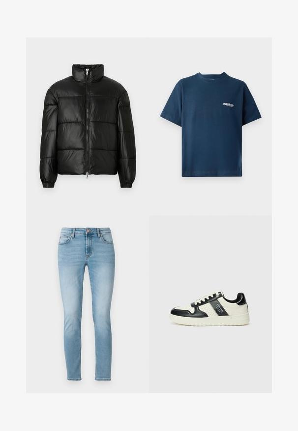 Fekete puffernadrág magas gallérral, cipzáras elülső záródással, steppelt kialakítással, elasztikus mandzsettákkal és fényes, sima szövetfelülettel.; Sötétkék pamut póló rövid ujjakkal és kerek nyakkivágással. Bal mellen egy kis fehér logó található. Puha tapintású.; Világoskék, skinny farmernadrág, közepes állású derékkal, öt zsebbel és enyhe fakulással a combokon. Gombzár a derékon.; Fekete és krém színű bőrsneaker, perforált díszítésekkel, párnázott bokapánttal és texturált talppal.