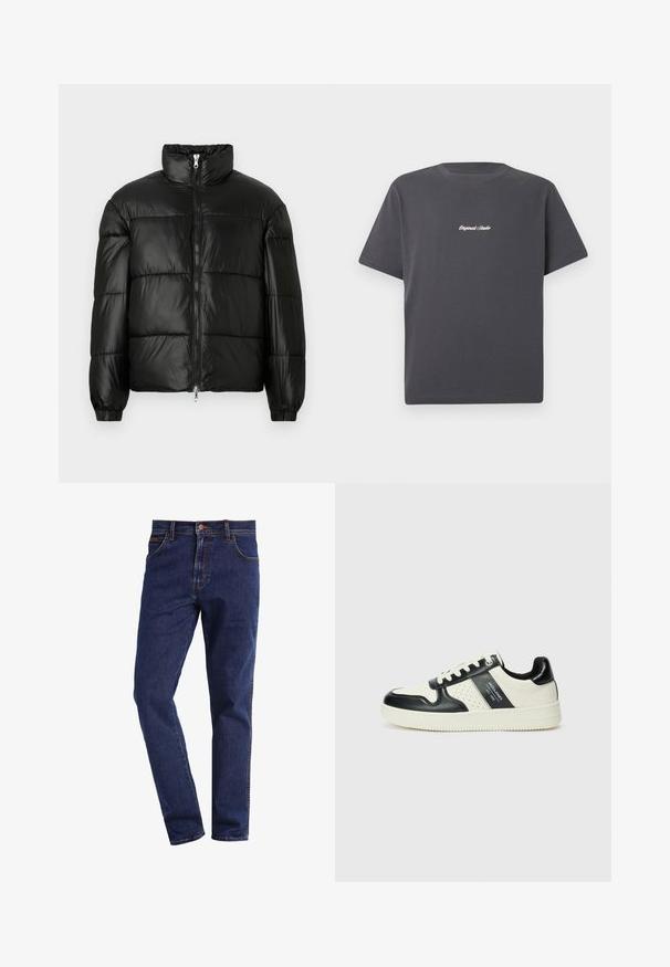 Casaco puffer preto com gola alta, fecho frontal em zíper, design acolchoado, punhos elásticos e acabamento de tecido brilhante e suave.; T-shirt de algodão cinza escuro com mangas curtas, gola redonda, e texto bordado em branco "Original Studio" no peito. Design simples.; Jeans de ganga de perna reta em azul escuro, com bolsos frontais, fecho de botão, passantes para cinto e costura visível.; Ténis de couro com um esquema de cores em preto e creme, apresentando detalhes perfurados, um colarinho acolchoado e uma sola texturizada.