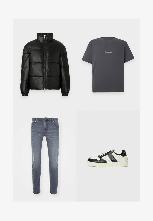 Casaco puffer preto com gola alta, fecho frontal em zíper, design acolchoado, punhos elásticos e acabamento de tecido brilhante e suave.; T-shirt de algodão cinza escuro com mangas curtas, gola redonda, e texto bordado em branco "Original Studio" no peito. Design simples.; Jeans de denim azul-escuro com um design de perna reta, desgaste subtil, passagens para cinto, bolsos frontais e um pequeno logo na cintura.; Ténis de couro com um esquema de cores em preto e creme, apresentando detalhes perfurados, um colarinho acolchoado e uma sola texturizada.