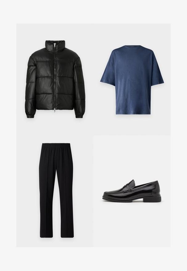 Giacca a vento nera con colletto alto, chiusura frontale con zip, design trapuntato, polsini elasticizzati e finitura in tessuto lucido e liscio.; Maglietta a maniche corte blu navy, realizzata in un tessuto morbido, presenta un classico colletto girocollo e una vestibilità comoda, senza motivi o dettagli visibili.; Pantaloni neri con vita elasticizzata e design a gamba dritta, caratterizzati da una texture liscia e senza motivi o hardware visibili.; Mocassini in pelle nera con punta arrotondata, caratterizzati da un dettaglio cucito sulla tomaia e un tacco basso a blocco. Texture liscia e finitura lucida.
