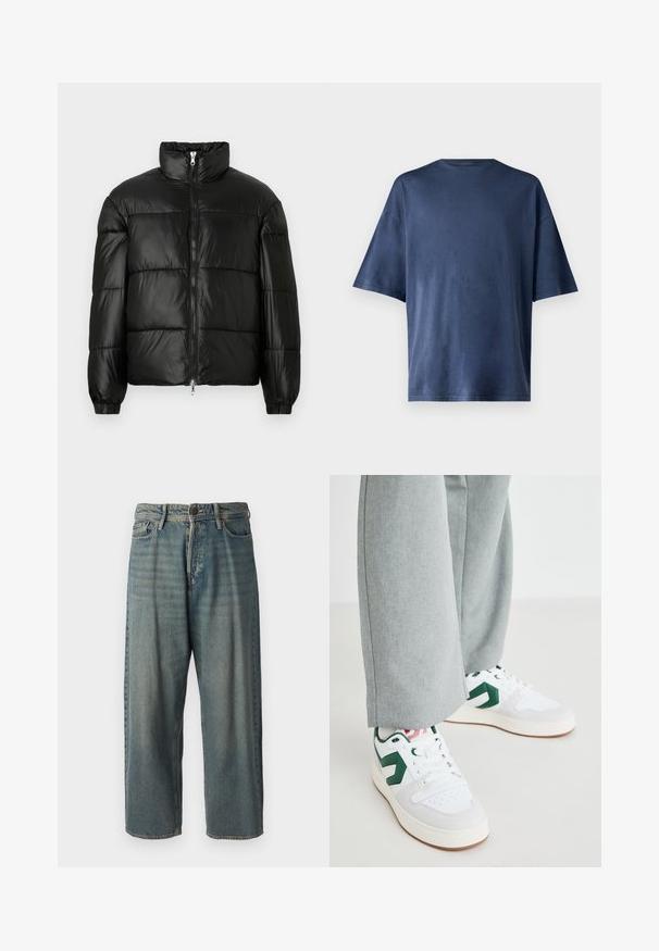 Schwarze Daunenjacke mit hohem Kragen, Reißverschluss vorne, gestepptem Design, elastischen Bündchen und glänzendem, glattem Stofffinish.; Marineblaue Kurzarm-T-Shirt aus weichem Stoff, mit klassischen Rundhalsausschnitt und lockerer Passform, ohne sichtbare Muster oder Akzente.; Helle blaue Denim-Jeans mit lockerer Passform, mittelhoher Taille und geraden Beinen. Hat fünf Taschen, Gürtelschlaufen und einen Knopfverschluss.; Weiße und grüne Sneakers aus glattem Leder und Wildleder, mit einem auffälligen grünen Logo-Akzent und weißen Schnürsenkeln. Graue Hosen sind teilweise sichtbar.