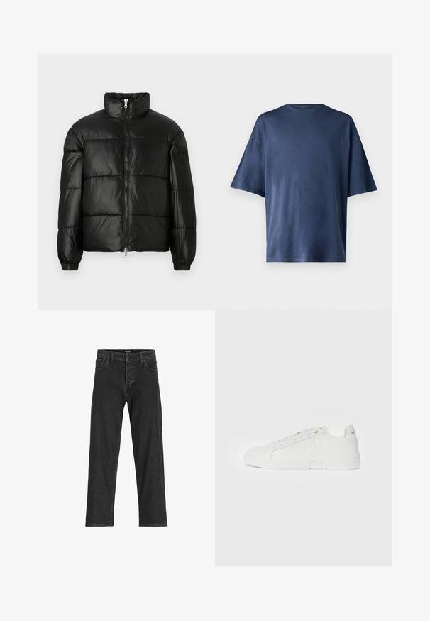 Juodas pūkinis švarkas su aukštu apykakle, užtrauktuko priekyje, siuvinėtu dizainu, elastingais rankogaliais ir blizgia, lygiąja audinio apdaila.; Tamsiai mėlynas trumpomis rankovėmis marškinėliai, pagaminti iš minkštos medžiagos, pasižymi klasikinio apvalaus kaklo ir laisvo kirpimo, be matomų raštų ar akcentų.; Juoda džinsinė kelnė su tiesaus kirpimo dizainu, su užtrauktuku, diržo kilpomis ir šešiais kišenėmis, pagaminta iš tvirto medvilnės mišinio.; Replay POLYS DEBOSS - Sportbačiai - white
