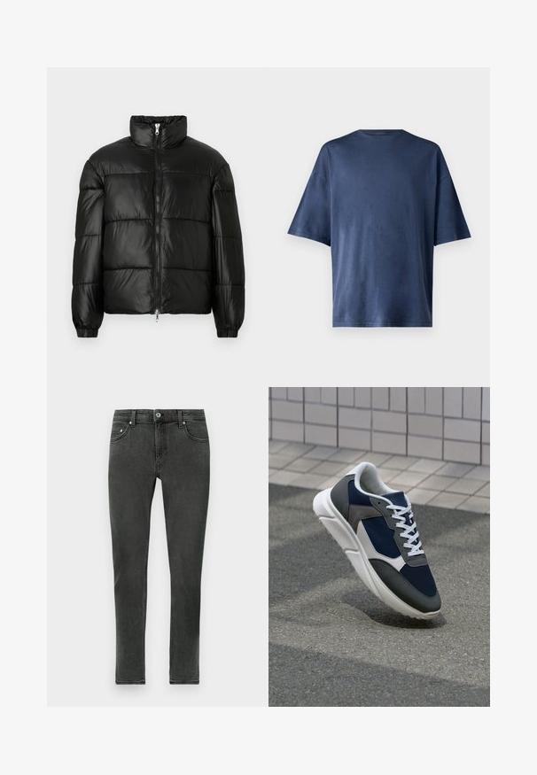 Casaco puffer preto com gola alta, fecho frontal em zíper, design acolchoado, punhos elásticos e acabamento de tecido brilhante e suave.; T-shirt azul marinho de manga curta, feito de tecido suave, apresenta um colarinho redondo clássico e um corte descontraído, sem padrões ou realces visíveis.; Jeans skinny cinza escuro feitos de denim com uma textura suave, apresentando um fecho clássico de botões e um design padrão de cinco bolsos.; Sapatilha com parte superior em malha azul-marinho, detalhes em camurça cinza, sola de borracha branca e atacadores brancos planos, projetada para conforto e respirabilidade.