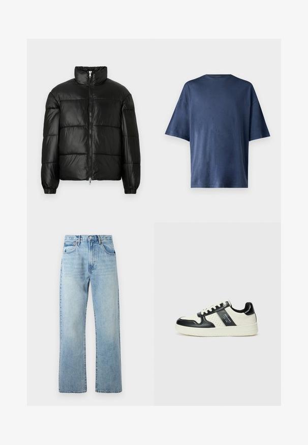 Casaco puffer preto com gola alta, fecho frontal em zíper, design acolchoado, punhos elásticos e acabamento de tecido brilhante e suave.; T-shirt azul marinho de manga curta, feito de tecido suave, apresenta um colarinho redondo clássico e um corte descontraído, sem padrões ou realces visíveis.; Jeans de denim azul claro com pernas largas e rectas, design de cinco bolsos e uma cintura com passantes para cinto. O tecido apresenta uma textura ligeiramente desbotada.; Ténis de couro com um esquema de cores em preto e creme, apresentando detalhes perfurados, um colarinho acolchoado e uma sola texturizada.