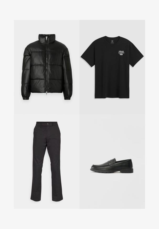 Schwarze Daunenjacke mit hohem Kragen, Reißverschluss vorne, gestepptem Design, elastischen Bündchen und glänzendem, glattem Stofffinish.; Schwarzes Baumwoll-T-Shirt mit einem Brustdruck, der in einer weißen, stilisierten Schrift "HAUSPFLANZEN" und darunter "Levi's" zeigt. Klassischer Rundhalsausschnitt.; GAP STRAIGHT PERFORMANCE - Stoffhose - true black; Schwarze Lederloafers mit glatter Oberfläche, Mokassin-oberteil, genähten Details und Gummisohle. Klassisches Design mit niedrigem Absatz.