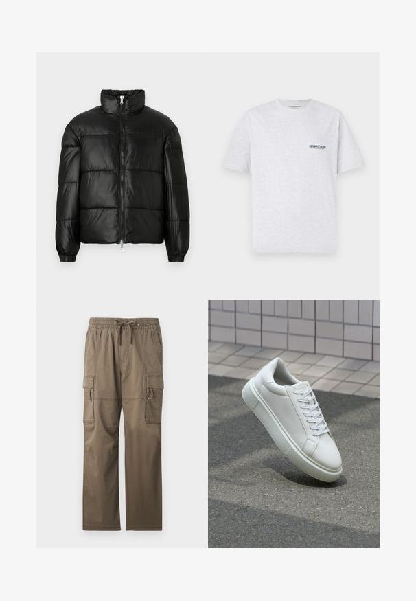 Melna pūkainā jaka ar augstu apkakli, rāvējslēdzēja priekšējo aizdari, quilted dizainu, elastīgām piedurknēm un spīdīgu, gludu auduma apdari.; Pelēks īsām piedurknēm T-krekls ar mazu zilu "projekta kods" logotipu kreisajā krūtīs, parādīts uz vienkārša fona.; Kravas bikses muted brūnā krāsā, ar elastīgu jostu ar auklu, daudziem sānu kabatām un brīvu piegriezumu.; Baltas ādas sporta apavi ar gludu virsmu, apaļu pirkstu un plakanām baltām šņorēm. Iezīmējas ar strukturētu gumijas zoli un minimālisma dizaina elementiem.