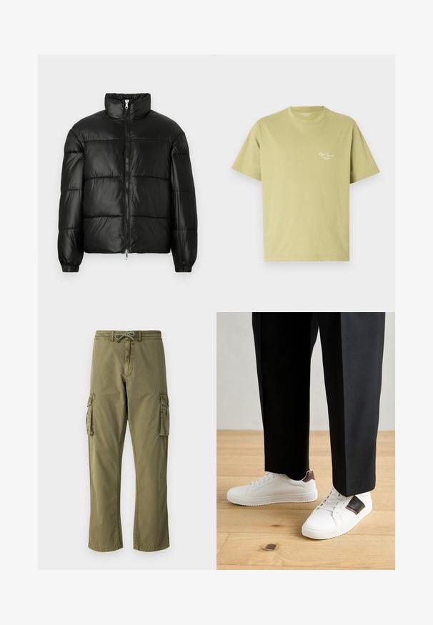 Čierna páperová bunda s vysokým golierom, predným zipsom, prešívaným dizajnom, elastickými manžetami a lesklým hladkým materiálom.; Svetlozelené bavlnené tričko s krátkymi rukávmi, okrúhlym výstrihom a malým bielym logom na text v oblasti ľavej hrude.; Nákladné nohavice v olivovo zelenom zmesi bavlny, s elastickým pásom a šnúrkou na stiahnutie, bočnými cargo vreckami a rovnými nohavicami.; Biele tenisky s hladkým povrchom, s hnedými koženými akcentmi a čiernymi detailmi, spárované s čiernymi elegantnými nohavicami. Pozadím je drevená podlaha.