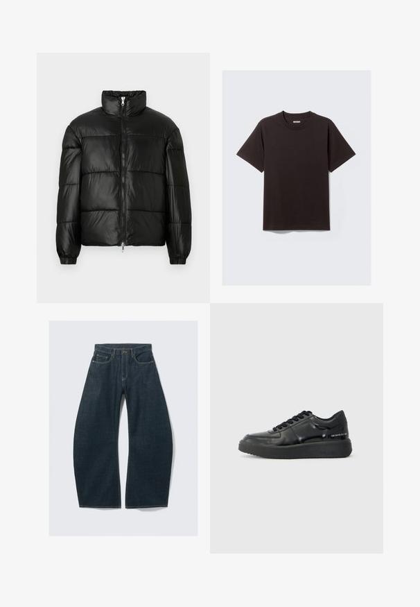 Mustat puffer-takki korkealla kauluksella, vetoketjukiinnitys edessä, tikattu malli, joustavat hihansuut ja kiiltävä, sileä kangasviimeistely.; Lyhythihainen musta puuvillapaita, jossa on pyöreä kaula-aukko ja pieni "WEEKDAY"-tunnus sisäkauluksessa.; Tummansiniset leveälahkeiset farkut denimiä, joissa viisi taskua, näkyvät saumat, nappikiinnitys ja siisti viimeistely.; Mustat nahkakengät, joissa on sileä pinta, pyöreä kärki ja kontrastiväri musta kumipohja. Varustettu litteillä nauhoilla ja brändäyksellä sivulla.
