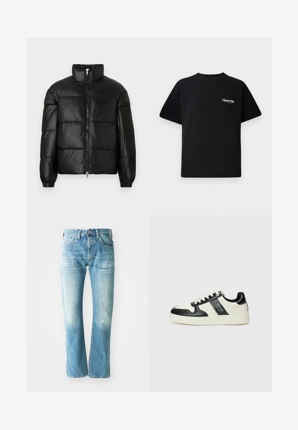 Černá péřová bunda s vysokým límcem, zapínáním na zip, prošívaným designem, elastickými manžetami a lesklým, hladkým povrchem.; Černé bavlněné tričko s kulatým výstřihem, krátkými rukávy a malým bílým logem na levé straně hrudi. Jednoduchý design, klasický střih.; Světle modré džíny z denimu s rovnými nohavicemi, které mají pět kapes a detaily blednutí, zakončené klasickým zipem a knoflíkovým zapínáním.; Kožené tenisky s černobílou barevnou kombinací, které mají perforované detaily, polstrovaný límec a texturovanou podrážku.