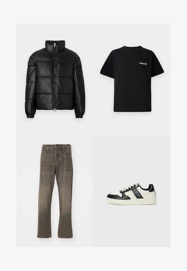 Doudoune noire avec un col montant, fermeture éclair sur le devant, design matelassé, poignets élastiques et finition en tissu lisse et brillant.; T-shirt en coton noir avec col rond, manches courtes et petit texte logo blanc sur la poitrine gauche. Conception simple, coupe classique.; Jeans en denim marron avec une coupe droite, présentant une texture décolorée, un style traditionnel à cinq poches et une fermeture à bouton en métal.; Baskets en cuir avec un schéma de couleurs noir et crème, dotées d'accents perforés, d'un col rembourré et d'une semelle texturée.