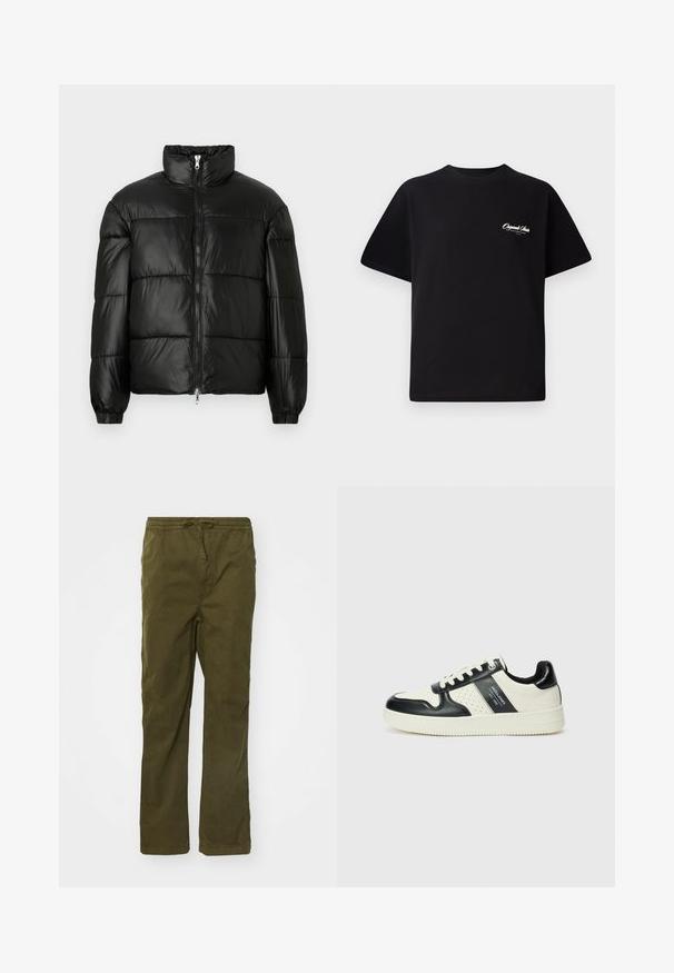 Chaqueta de pluma negra con un cuello alto, cierre frontal con cremallera, diseño acolchado, puños elásticos y acabado de tela brillante y suave.; Camiseta de algodón negra con cuello redondo, mangas cortas y pequeño texto en blanco del logo en el lado izquierdo del pecho. Diseño simple, corte clásico.; Pantalones cargo de algodón en verde oliva, con cintura ajustable, piernas rectas, bolsillos laterales y una textura suave.; Zapatillas de cuero con un esquema de colores negro y crema, que cuentan con acentos perforados, un collar acolchado y una suela texturizada.