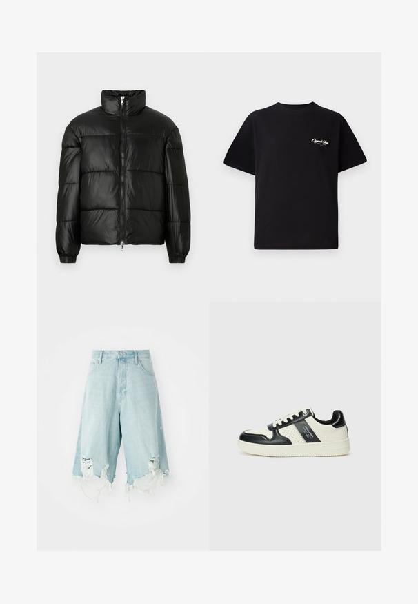 Must mustaga jakker, millel on kõrge krae, luku esikinnitus, tikanditud disain, elastsed mansetid ja läikiv, sile kangast viimistlus.; Must mustrüst t-särk, millel on ümar kaelus, lühikesed varrukad ja väike valge logo tekst vasakul rinnal. Lihtne disain, klassikaline sobivus.; Heledad siniselt denim lühikesed püksid kõrgema vöökohtaga, millel on kulumiskohad ja rebendite ääred. Disaini kuulub viis taskut ja klassikaline nööbkinnitus.; Nahatud nahkkingad musta ja kreemi värviskeemiga, millel on perforeeritud aktsendid, pehme krae ja tekstureeritud tallad.