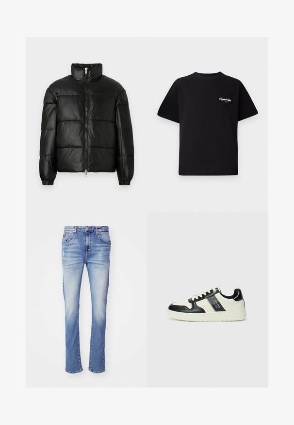 Černá péřová bunda s vysokým límcem, zapínáním na zip, prošívaným designem, elastickými manžetami a lesklým, hladkým povrchem.; Černé bavlněné tričko s kulatým výstřihem, krátkými rukávy a malým bílým logem na levé straně hrudi. Jednoduchý design, klasický střih.; Svetle modré džíny s rovnými nohavicemi, s vybledlým odstínem, pěti kapsami a zapínáním na knoflíky.; Kožené tenisky s černobílou barevnou kombinací, které mají perforované detaily, polstrovaný límec a texturovanou podrážku.
