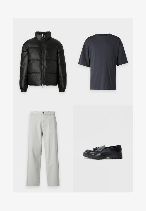 Casaco puffer preto com gola alta, fecho frontal em zíper, design acolchoado, punhos elásticos e acabamento de tecido brilhante e suave.; T-shirt de manga curta, cinza escuro, feita de algodão leve, com um corte solto e decote redondo clássico, com textura lisa e sem padrões.; Calças cinza-claro, de perna reta, feitas de um tecido suave e tecido. Apresentam um fecho frontal com botão e bolsos laterais. Estilo minimalista.; Mocassins de couro preto com um acabamento brilhante, sola de borracha robusta e detalhe decorativo de franjas na parte da frente.