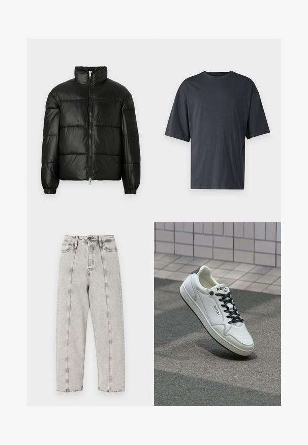 Giacca a vento nera con colletto alto, chiusura frontale con zip, design trapuntato, polsini elasticizzati e finitura in tessuto lucido e liscio.; T-shirt corto a maniche corte di colore grigio scuro realizzato in cotone leggero, con vestibilità ampia e colletto girocollo classico, caratterizzato da una texture liscia e senza motivi.; Jeans grigi alti in vita con vestibilità ampia, caratterizzati da un design a gamba dritta, cuciture visibili e texture distressata.; Sneaker in pelle bianca con punta perforata, lacci neri e accentuazione sul tallone. Presenta il marchio "REPLAY" e una suola in gomma solida.