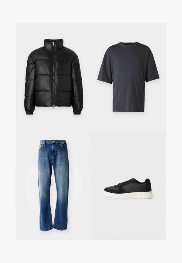 Casaco puffer preto com gola alta, fecho frontal em zíper, design acolchoado, punhos elásticos e acabamento de tecido brilhante e suave.; T-shirt de manga curta, cinza escuro, feita de algodão leve, com um corte solto e decote redondo clássico, com textura lisa e sem padrões.; Jeans de ganga com corte reto, lavagem azul clara e escura com desvanecimento, cinco bolsos e fecho com botão.; Fivela preta de cano baixo com pele texturizada e painéis de camurça, sola de borracha branca e atacadores pretos, em fundo claro liso.