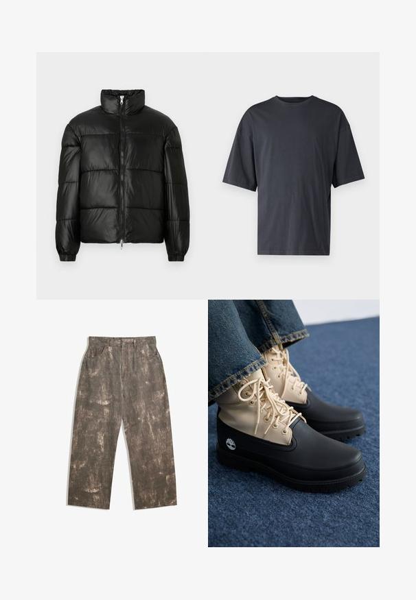 Svart puffjacka med hög krage, dragkedja fram, kviltat mönster, elastiska ärmslut och en blänkande, slät ytfinish.; Mörkgrå t-shirt med kort ärm i lättviktsbomull, med en lös passform och klassisk rundhalsringning, med slät textur och utan mönster.; Bruna denimbyxor med ett bleknat, väderbitet mönster. Avslappnad passform, med fem fickor och en framknäppning.; Beige och svarta vattentäta stövlar, med texturerat material, hexagonala ögla och beige snören. Gummisula med framträdande mönster.