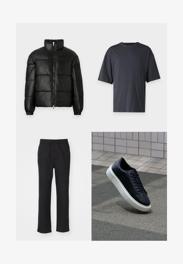 Casaco puffer preto com gola alta, fecho frontal em zíper, design acolchoado, punhos elásticos e acabamento de tecido brilhante e suave.; T-shirt de manga curta, cinza escuro, feita de algodão leve, com um corte solto e decote redondo clássico, com textura lisa e sem padrões.; Calças pretas de pernas retas feitas de um tecido suave, com uma cintura elástica e cordão ajustável. Sem bolsos ou padrões visíveis.; Sapatilha de couro preto com bico arredondado e sola de borracha branca. Apresenta atacadores planos e costuras mínimas na parte superior. Sola texturizada para melhor aderência.