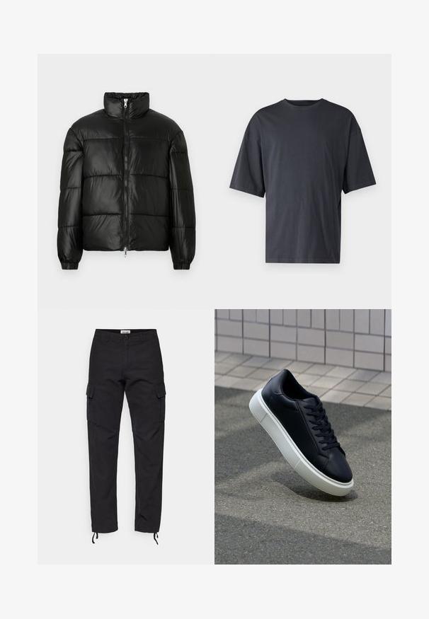 Casaco puffer preto com gola alta, fecho frontal em zíper, design acolchoado, punhos elásticos e acabamento de tecido brilhante e suave.; T-shirt de manga curta, cinza escuro, feita de algodão leve, com um corte solto e decote redondo clássico, com textura lisa e sem padrões.; Calças cargo pretas feitas de um tecido robusto, com bolsos laterais, um corte justo e punhos ajustáveis nos tornozelos.; Sapatilha de couro preto com bico arredondado e sola de borracha branca. Apresenta atacadores planos e costuras mínimas na parte superior. Sola texturizada para melhor aderência.