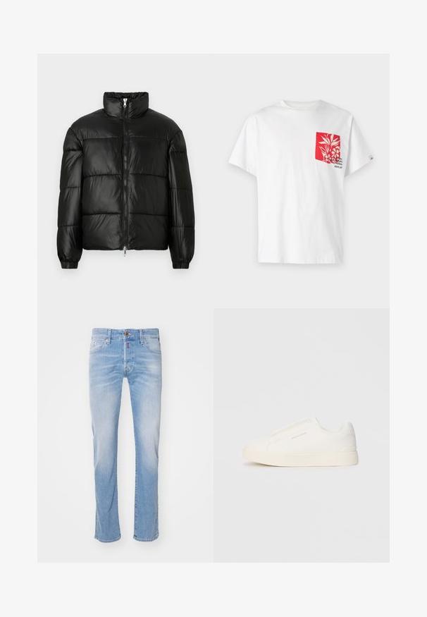 Black puffer jacket with a high collar, zip front closure, quilted design, elastic cuffs, and shiny, smooth fabric finish.; White cotton t-shirt with a red pocket featuring floral design and text. Short sleeves, crew neck, and relaxed fit.; Light blue denim jeans, straight-leg design, faded texture, front pockets, single button closure, red accent stitch at the waistband.; White slip-on sneakers with a textured surface, a thick sole, and minimalistic design. Features brand logo on the side.