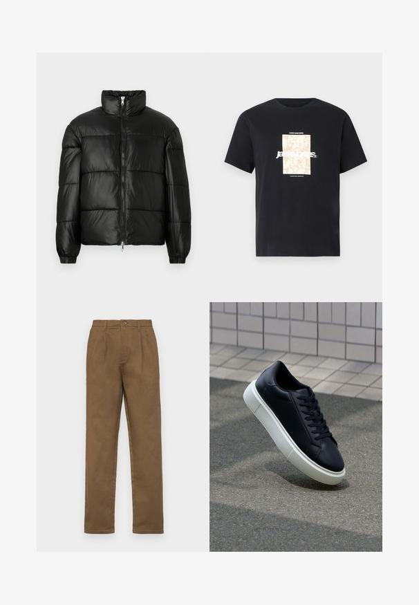 Doudoune noire avec un col montant, fermeture éclair sur le devant, design matelassé, poignets élastiques et finition en tissu lisse et brillant.; T-shirt noir en coton avec col rond. Présente un graphique rectangulaire beige et un texte blanc "JAWO" centré sur le devant. Manches courtes.; Pantalons en coton marron avec une coupe droite, dotés d'une fermeture à un bouton, de passants de ceinture et de plis marqués à l'avant.; Baskets noires en cuir avec bout arrondi et semelle en caoutchouc blanc. Elles présentent des lacets plats et une couture minimale sur la tige. Semelle texturée pour une bonne adhérence.