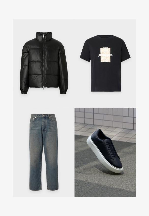 Czarna kurtka puchowa z wysokim kołnierzem, zapięciem na zamek błyskawiczny z przodu, pikowanym wzorem, elastycznymi mankietami oraz błyszczącym, gładkim wykończeniem materiału.; Czarny bawełniany t-shirt z okrągłym dekoltem. Posiada beżowy prostokątny grafik oraz biały tekst "JAWO," umieszczony na środku z przodu. Krótkie rękawy.; Klasyczne niebieskie dżinsy, prosta nogawka, z delikatnym wyblakłym wykończeniem, pięć kieszeni, zamek błyskawiczny z zapinaniem na guzik oraz widoczne szwy.; Czarne skórzane sneakersy z okrągłym noskiem i białą gumową podeszwą. Posiadają płaskie sznurowadła i minimalne przeszycia na cholewce. Teksturowana podeszwa zapewnia przyczepność.