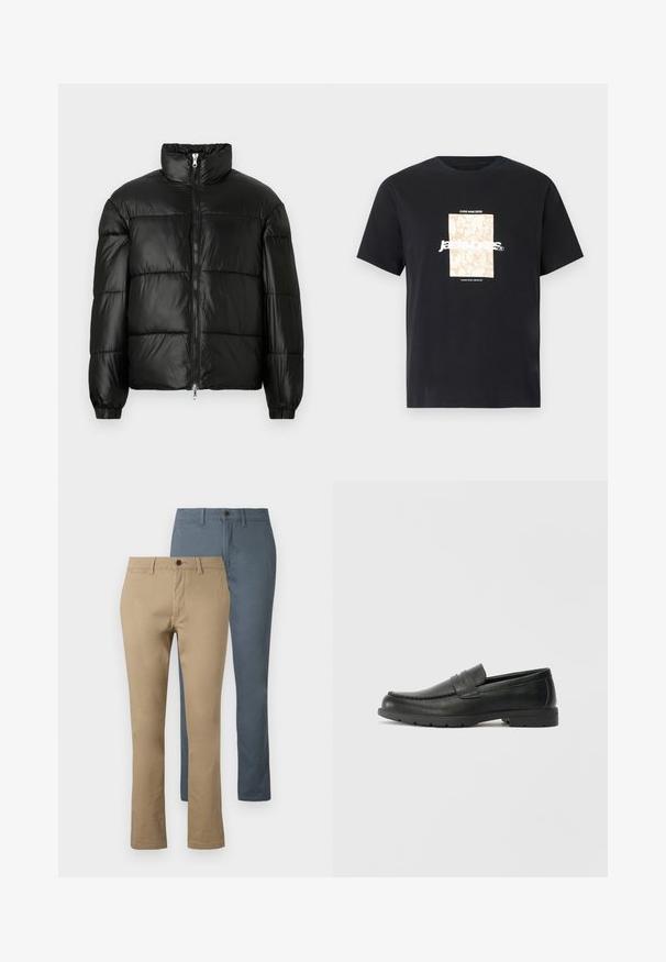 Schwarze Daunenjacke mit hohem Kragen, Reißverschluss vorne, gestepptem Design, elastischen Bündchen und glänzendem, glattem Stofffinish.; Schwarzes Baumwoll-T-Shirt mit Rundhalsausschnitt. Hat eine beige rechteckige Grafik und weißen Text "JAWO", zentriert auf der Vorderseite. Kurze Ärmel.; Zwei Paare von geraden Hosen: eine in Khaki und eine in Dunkelblau. Aus Baumwolle gefertigt; mit einem Taillenbund und Knopfverschluss.; Schwarze Lederloafers mit glatter Oberfläche, Mokassin-oberteil, genähten Details und Gummisohle. Klassisches Design mit niedrigem Absatz.