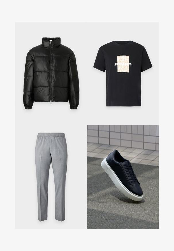 Schwarze Daunenjacke mit hohem Kragen, Reißverschluss vorne, gestepptem Design, elastischen Bündchen und glänzendem, glattem Stofffinish.; Schwarzes Baumwoll-T-Shirt mit Rundhalsausschnitt. Hat eine beige rechteckige Grafik und weißen Text "JAWO", zentriert auf der Vorderseite. Kurze Ärmel.; Grau, gewebte Hose mit einem elastischen Bund, geradem Schnitt und einer Bügelfalte auf der Vorderseite. Der Stoff sieht glatt und leicht aus.; Schwarze Leder-Sneaker mit runder Zehenpartie und weißer Gummisohle. Verfügt über flache Schnürsenkel und minimale Nähte im Obermaterial. Strukturiertes Sohlenprofil für besseren Halt.