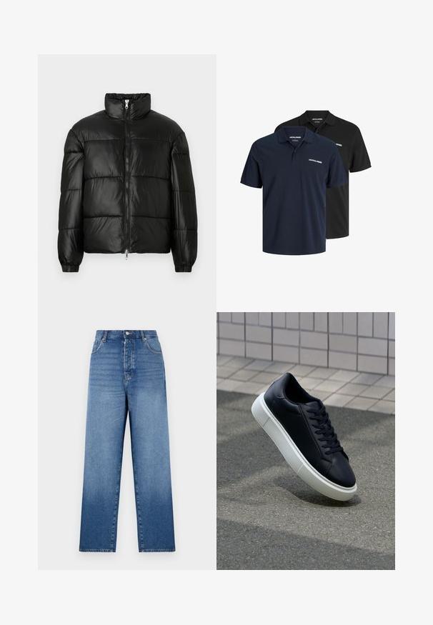 Zwarte pufferjack met een hoge kraag, ritsvoorzijde, gestikt ontwerp, elastische manchetten en een glanzende, gladde stofafwerking.; Twee poloshirts: één marineblauw met wit logo en één zwart. Beide hebben een klassieke kraag en korte mouwen, gemaakt van lichtgewicht stof.; Blauwe denim jeans met een hoge taille, rechte snit, knoopsluiting en vijf zakken. Kenmerkt zich door een vervaagde wassing en zichtbare stiksel-details.; Zwarte leren sneaker met een ronde neus en een witte rubberen zool. Voorzien van platte veters en minimale stiksels op het bovenwerk. Textuurrijke zool voor grip.