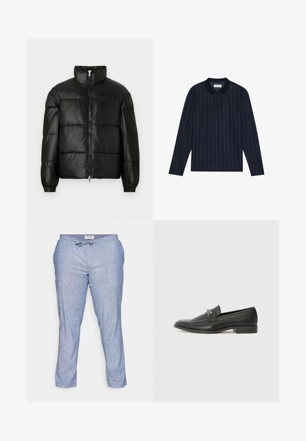 Črna pufasta jakna z visokim ovratnikom, z zadrgo spredaj, prešito zasnovo, elastičnimi manšetami in sijočim, gladkim zaključkom tkanine.; Mornarsko modra polo majica z dolgimi rokavi in ovratnikom, ki ima tanke vertikalne črte in zapenjanje na tri gumbe. Mehka tekstura blaga.; Jack & Jones STACE JJBREEZE - Hlače - blue; Črni usnjeni loafer z gladko površino, ki ima šivano zasnovo in dekorativni kovinski verižni naglas preko vampirja. Ravno peto.