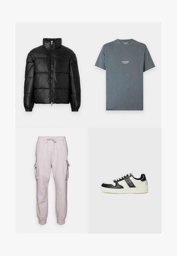 Casaco puffer preto com gola alta, fecho frontal em zíper, design acolchoado, punhos elásticos e acabamento de tecido brilhante e suave.; Jack & Jones JJESOHO TEE CREW NECK - T-shirt básica - stormy weather; Jack & Jones JJIBILL SATURN PANTS - Calças cargo - moonbeam; Ténis de couro com um esquema de cores em preto e creme, apresentando detalhes perfurados, um colarinho acolchoado e uma sola texturizada.