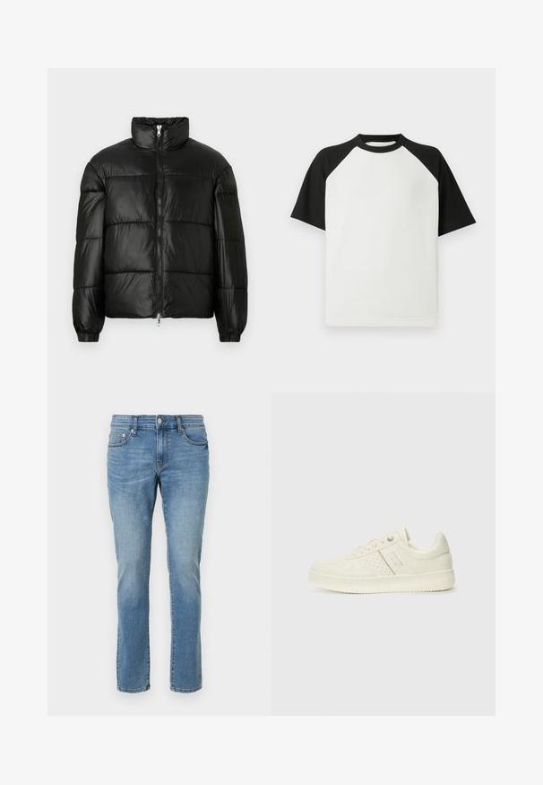 Juodas pūkinis švarkas su aukštu apykakle, užtrauktuko priekyje, siuvinėtu dizainu, elastingais rankogaliais ir blizgia, lygiąja audinio apdaila.; Juodai baltas trumpas rankovėmis marškinėliai su reljefine tekstūra; turi raglan tipo rankoves ir apvalų kaklą.; Šviesiai mėlyni džinsai su tiesiu kirpimu, penkiais kišenėmis ir užsegimu mygtuku. Yra subtilūs plaukai ir standartinė siuvimo linija.; Kremo spalvos sportbačiai su perforuotomis detalėmis, raišteliais ir logotipu šone, išdėstyti prieš paprastą baltą foną.