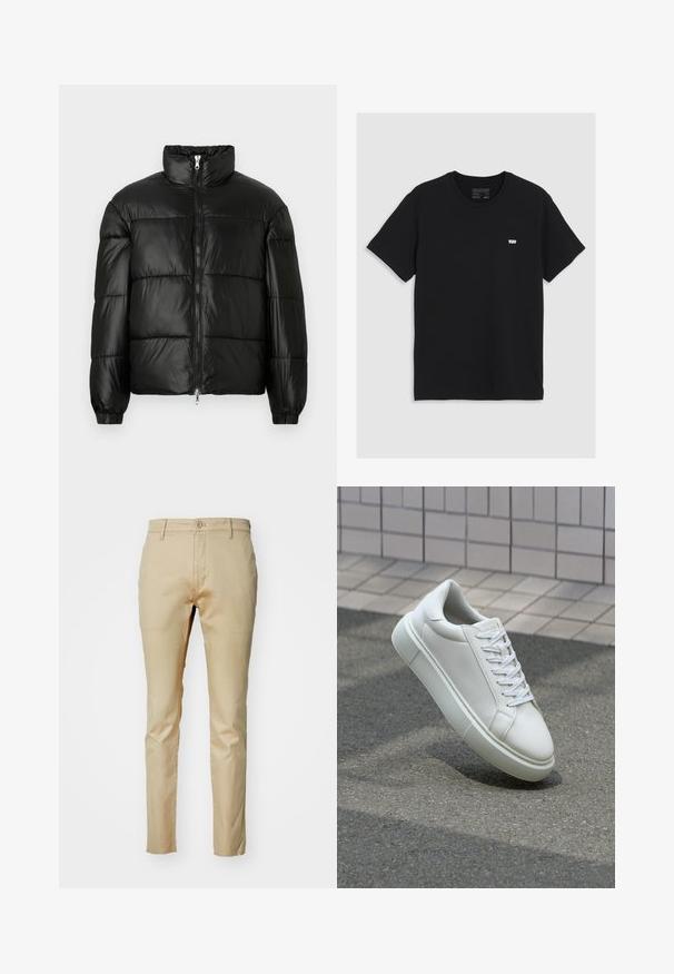 Doudoune noire avec un col montant, fermeture éclair sur le devant, design matelassé, poignets élastiques et finition en tissu lisse et brillant.; T-shirt en coton noir à manches courtes, col rond, présentant un petit logo blanc Levi's sur la poitrine, texture lisse, coupe classique.; DOCKERS ORIGINAL - Pantalon classique - safari; Baskets en cuir blanc avec une surface lisse, bout rond et lacets plats blancs. Présentent une semelle en caoutchouc texturée et des éléments de design minimalistes.