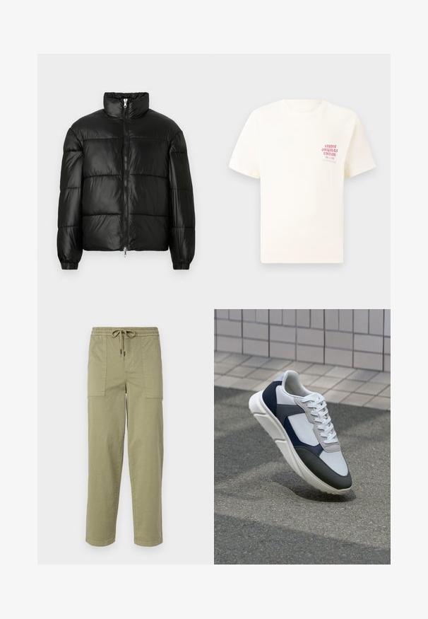 Must mustaga jakker, millel on kõrge krae, luku esikinnitus, tikanditud disain, elastsed mansetid ja läikiv, sile kangast viimistlus.; Valge lühikeste varrukatega T-särk, millel on vasakul rinnal punane tekst "Studio Originals Edition", esitatud neutraalsel hallil taustal.; Kerged oliivrohelised püksid, mis on valmistatud puuvilla segakangast, elastse vöökoha ja nööriga, ning kahel suurel küljeosal.; Valge, mereväe sinine ja hall spordijalats, millel on segatud materjalide disain, tekstureeritud ülemine osa, lame pael ja pehme talla.