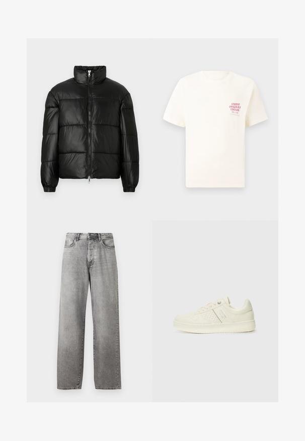 Sort puffet jakke med høj krave, lynlås foran, quiltet design, elastiske manchetter og skinnende, glat stoffinish.; Hvid kortermet T-shirt med rød tekst "Studio Originals Edition" på venstre bryst, vist på en neutral grå baggrund.; Grå vidde jeans lavet af denim. Har en høj talje, fem lommer og en knap- og lynlåslukning. Subtil falmning på stoffet.; Cremefarvet sneaker med perforeret detaljering, snørebånd og logo på siden, præsenteret mod en simpel hvid baggrund.