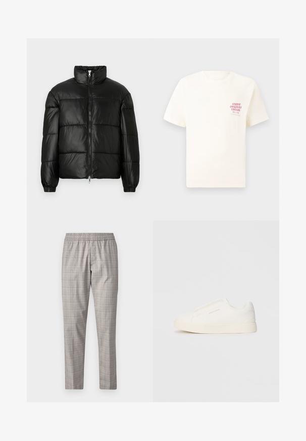 Črna pufasta jakna z visokim ovratnikom, z zadrgo spredaj, prešito zasnovo, elastičnimi manšetami in sijočim, gladkim zaključkom tkanine.; Bela majica s kratkimi rokavi z rdečim napisom "Studio Originals Edition" na levi strani prsnega koša, prikazana na nevtralnem sivo backgroundu.; Jack & Jones PREMIUM STKANE EDWIN - Hlače - otter; Bele zapete brez vezalk z teksturirano površino, debelim podplatom in minimalističnim dizajnom. Na strani se nahaja logotip blagovne znamke.