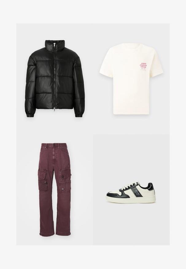 Fekete puffernadrág magas gallérral, cipzáras elülső záródással, steppelt kialakítással, elasztikus mandzsettákkal és fényes, sima szövetfelülettel.; Fehér, rövid ujjú póló, bal mellen piros szöveggel "Studio Originals Edition", semleges szürke háttér előtt.; G-STAR UTILITY CARGO - Laza szabású farmerek - faded autumn leaves gd; Fekete és krém színű bőrsneaker, perforált díszítésekkel, párnázott bokapánttal és texturált talppal.
