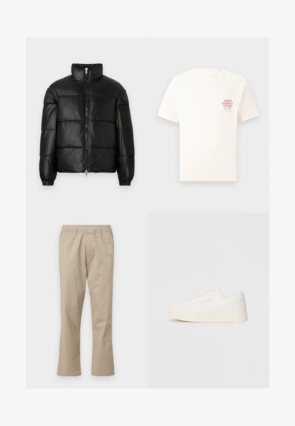 Svart puffjacka med hög krage, dragkedja fram, kviltat mönster, elastiska ärmslut och en blänkande, slät ytfinish.; Vit kortärmad T-shirt med röd text "Studio Originals Edition" på vänster bröst, är uppställd på en neutral grå bakgrund.; Beiga, bomullbyxor med resår i midjan, rak benstil och sidofickor, med en slät yta och utan mönster.; Vita slip-on sneakers med en texturerad yta, en tjock sula och minimalistisk design. Har varumärkeslogotypen på sidan.