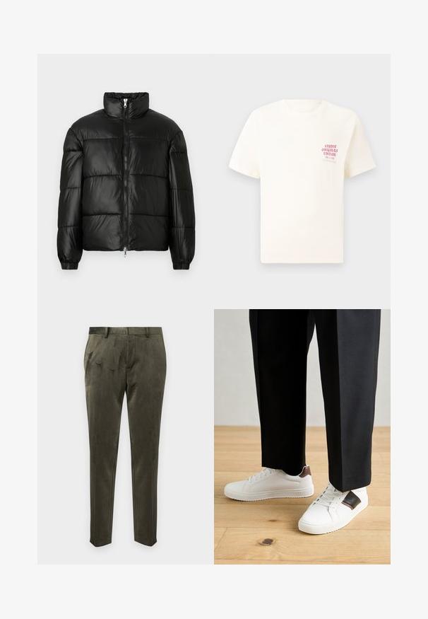 Zwarte pufferjack met een hoge kraag, ritsvoorzijde, gestikt ontwerp, elastische manchetten en een glanzende, gladde stofafwerking.; Witte T-shirt met korte mouwen met rode tekst "Studio Originals Edition" op de linker borst, weergegeven op een neutrale grijze achtergrond.; Olijfgroene broek gemaakt van zacht materiaal met een gladde textuur. Heeft een getailleerde pasvorm en subtiele plooidetails aan de voorkant.; Witte sneakers met een gladde textuur, voorzien van bruine lederen accenten en zwarte details, gecombineerd met zwarte maatpakken. Achtergrond van houten vloeren.