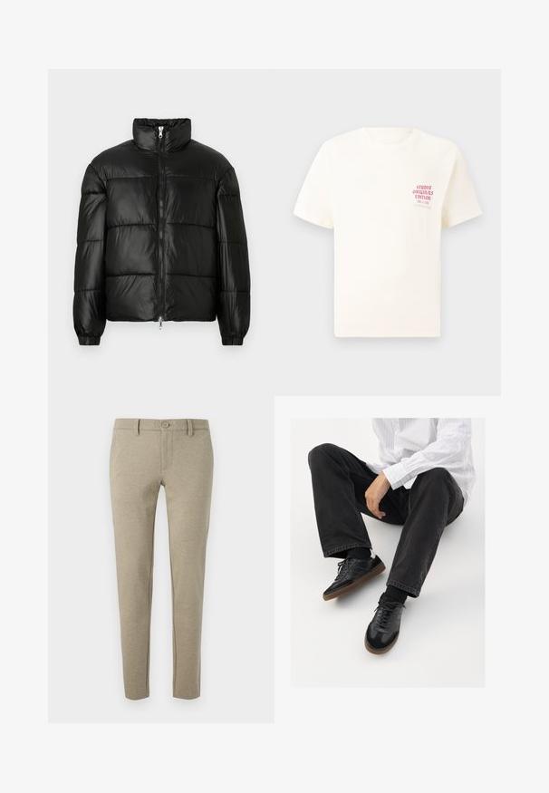 Casaco puffer preto com gola alta, fecho frontal em zíper, design acolchoado, punhos elásticos e acabamento de tecido brilhante e suave.; T-shirt branca de mangas curtas com o texto vermelho "Edição Originais do Estúdio" no lado esquerdo do peito, apresentada sobre um fundo cinza neutro.; Calças bege feitas de material texturizado, com fecho de botão e pernas afuniladas, apresentando bolsos laterais e detalhes de costura subtis.; Sneakers pretos com parte superior lisa e texturada, apresentando uma sola de borracha e atacadores escuros. Combinados com jeans pretos e uma camisa branca às riscas.