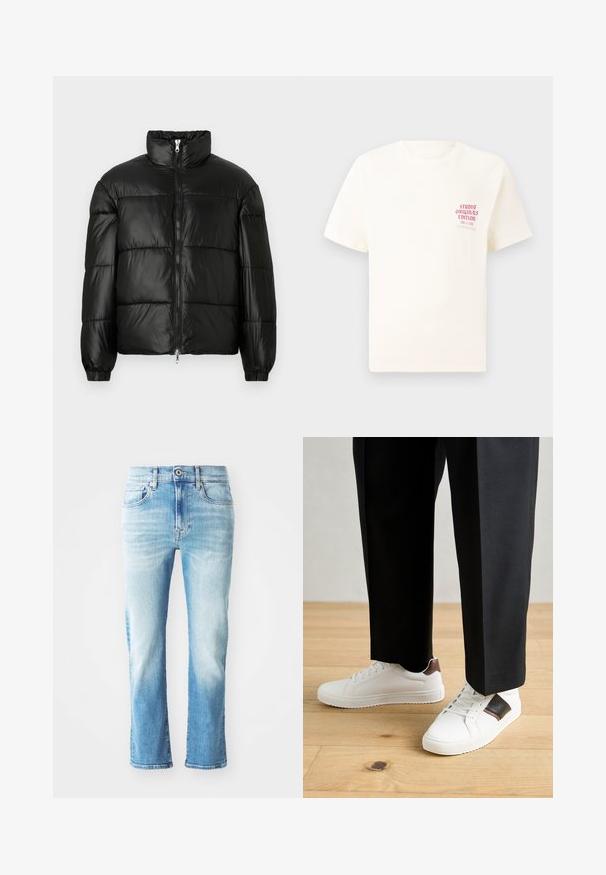 Fekete puffernadrág magas gallérral, cipzáras elülső záródással, steppelt kialakítással, elasztikus mandzsettákkal és fényes, sima szövetfelülettel.; Fehér, rövid ujjú póló, bal mellen piros szöveggel "Studio Originals Edition", semleges szürke háttér előtt.; Világoskék farmeregyenes szárú dizájnnal, megfakult mosással, öt zsebbel, valamint hagyományos gombos és cipzáras záródással.; Fehér sneaker, sima textúrával, barna bőr díszítéssel és fekete részletekkel, fekete szabott nadrággal párosítva. Fából készült padló háttér.