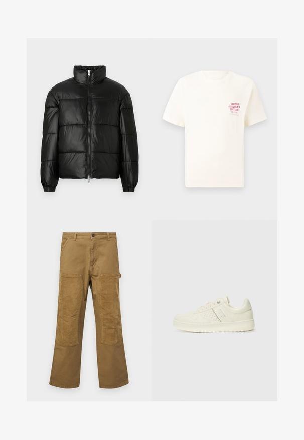 Črna pufasta jakna z visokim ovratnikom, z zadrgo spredaj, prešito zasnovo, elastičnimi manšetami in sijočim, gladkim zaključkom tkanine.; Bela majica s kratkimi rokavi z rdečim napisom "Studio Originals Edition" na levi strani prsnega koša, prikazana na nevtralnem sivo backgroundu.; Cargo hlače iz rjavega bombaža z naglašenimi žepi iz ribane tkanine, ravna kroja, pet žepov in gumbnim zapiranjem.; Sneaker v kremni barvi s perforiranim detajlom, vezalkami in logotipom na strani, prikazan na enostavni beli ozadju.