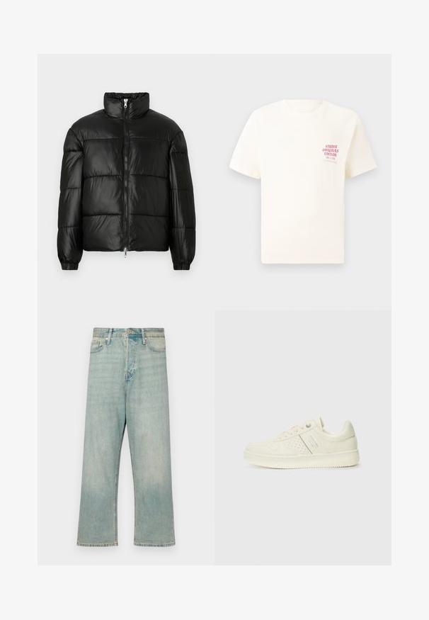 Geacă neagră din material puffy, cu guler înalt, închidere cu fermoar pe față, design matlasat, mansete elastice și finisaj din țesătură lucioasă și netedă.; Tricou alb cu mânecă scurtă, având text roșu "Studio Originals Edition" pe partea stângă a pieptului, expus pe un fundal gri neutru.; Jeans din denim albastru deschis, cu o croială lejeră, picioare drepte și un finisaj decolorat; include o închidere clasică cu nasture și fermoar.; Adidași crem cu detalii perforate, șireturi și logo pe lateral, expuși pe un fundal alb simplu.