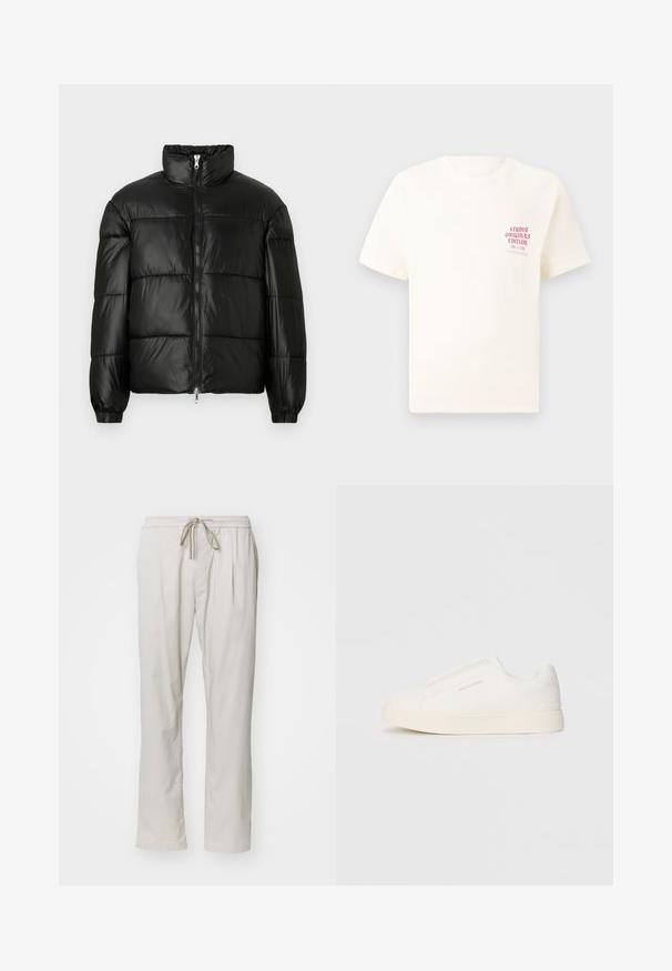 Svart puffjacka med hög krage, dragkedja fram, kviltat mönster, elastiska ärmslut och en blänkande, slät ytfinish.; Vit kortärmad T-shirt med röd text "Studio Originals Edition" på vänster bröst, är uppställd på en neutral grå bakgrund.; Ljust beige, lätta byxor med elastisk midja och dragsko. Har två sidofickor och rak bendesign.; Vita slip-on sneakers med en texturerad yta, en tjock sula och minimalistisk design. Har varumärkeslogotypen på sidan.