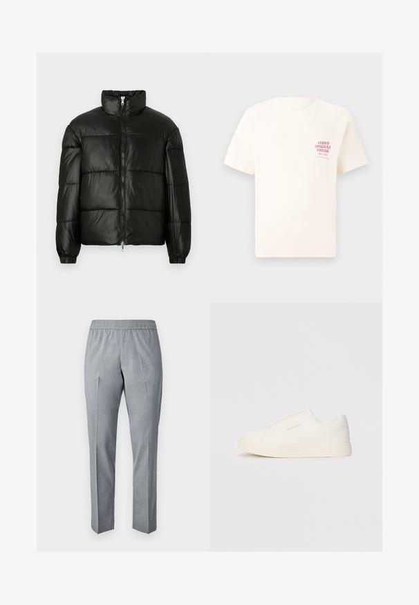 Juodas pūkinis švarkas su aukštu apykakle, užtrauktuko priekyje, siuvinėtu dizainu, elastingais rankogaliais ir blizgia, lygiąja audinio apdaila.; Balta trumpa rankovėmis marškinėliai su raudonu užrašu "Studio Originals Edition" kairiajame krūtinės šone, rodomi neutralioje pilkoje aplinkoje.; Pilkos, audinės kelnės su elastinga juosmens juosta, tiesaus kirpimo ir raukšle priekyje. Audinio tekstūra atrodo lygi ir lengva.; Baltos slip-on sportbačiai su tekstūruota paviršiumi, storesniu padu ir minimalistišku dizainu. Šone matosi prekės ženklo logotipas.