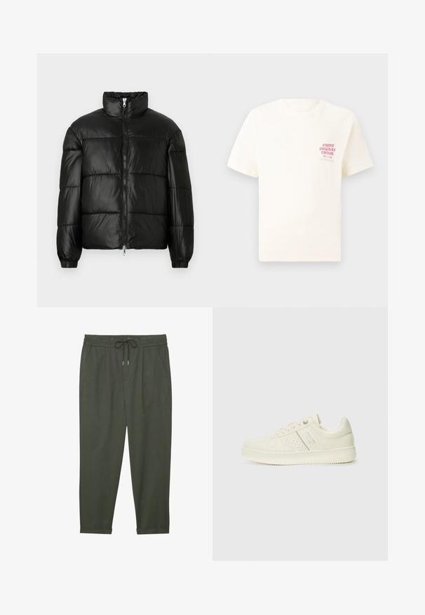 Doudoune noire avec un col montant, fermeture éclair sur le devant, design matelassé, poignets élastiques et finition en tissu lisse et brillant.; T-shirt blanc à manches courtes avec le texte rouge "Édition Originals du Studio" sur la poitrine gauche, présenté sur un fond gris neutre.; Pantalons droits légers, vert foncé, avec une taille élastique, un cordon de serrage, des poches latérales et des ourlets côtelés. Texture lisse.; Sneaker couleur crème avec des détails perforés, des lacets et un logo sur le côté, présenté sur un fond blanc uni.