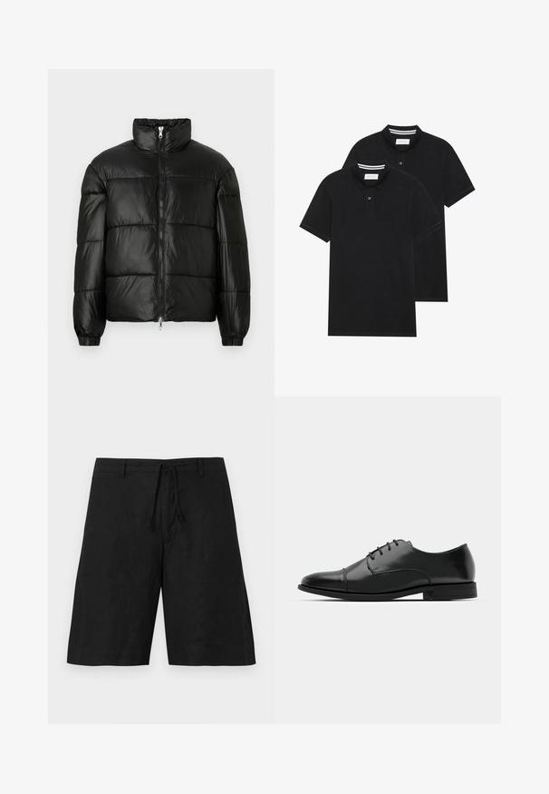 Črna pufasta jakna z visokim ovratnikom, z zadrgo spredaj, prešito zasnovo, elastičnimi manšetami in sijočim, gladkim zaključkom tkanine.; Dve črne polo majice, kratke rokave, iz bombažnega materiala, z klasik ovratnikom, dvobodno zaponko in belimi črtkami znotraj ovratnika.; Črne lanene hlače s sproščenim fitom, elastičnim pasom in brez vidnih vzorcev. Tkanina se zdi lahka z rahlo teksturirano površino.; Črne usnjene moške čevlje z zaobljenim nosom, s sistemom vezalk, diskretnimi šivi in nizkih petah. Gladka tekstura s sijočim zaključkom.